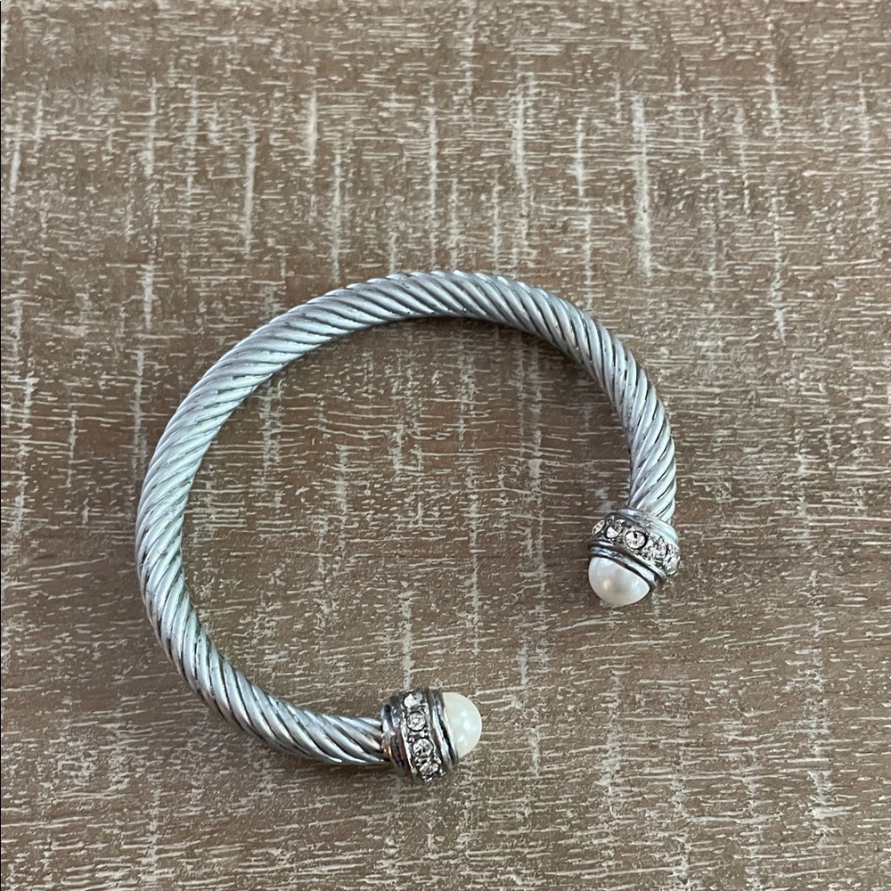 Silver Tone Rope Bangle Bracelet w/ Faux Pearl & Gemstone Detail